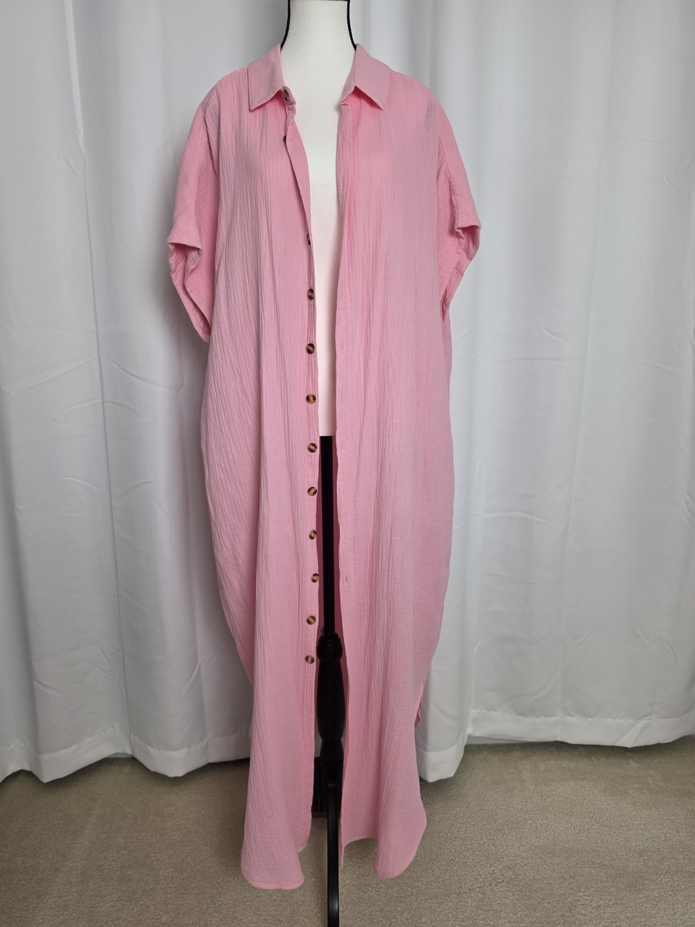 Relaxed Pink Button-Front Maxi Long Shirt